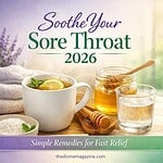 Warm tea with lemon, honey, and herbs for sore throat relief.