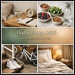 Healthy Living in 2026 Healthy lifestyle essentials including nutritious food, exercise, and sleep for overall well-being.