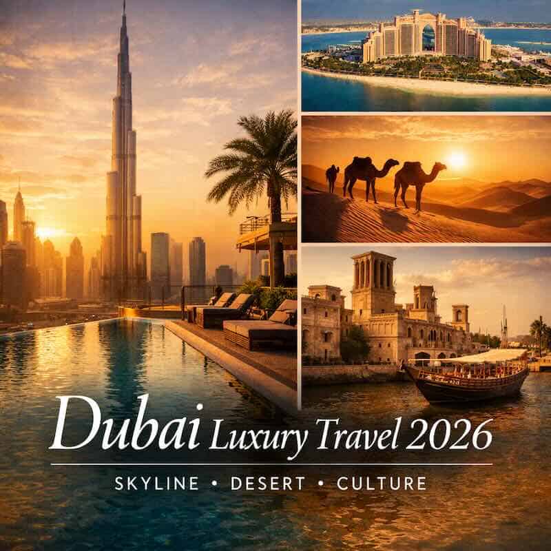 dubai luxury travel Luxury Dubai skyline and desert scenes for travel in 2026.