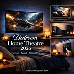 bedroom home theatre High-tech bedroom home theater setup with large TV, sound system, and mood lighting.