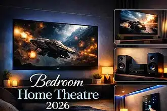 High-tech bedroom home theater setup with large TV, sound system, and mood lighting.