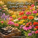 Beautiful vibrant flower garden with colorful blooms and gardening tools in sunlight.