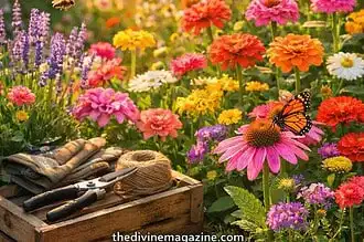 Beautiful vibrant flower garden with colorful blooms and gardening tools in sunlight.