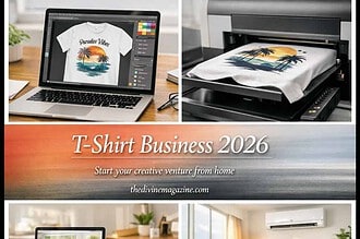 Home-based T-shirt business with printing and design tools for entrepreneurs.