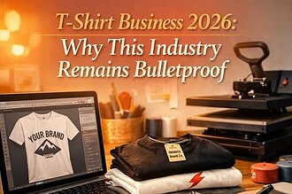 Modern t-shirt printing setup with branded apparel and design tools.