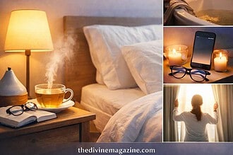 Cozy bedroom with candles, tea, and relaxation essentials for better sleep.