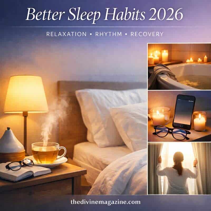 Cozy bedroom with candles, tea, and relaxation essentials for better sleep.