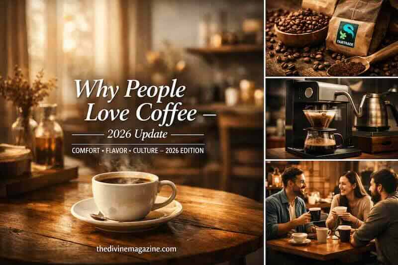 Freshly brewed coffee in a cozy café setting with coffee beans and brewing equipment.