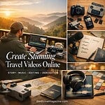 Travel videography setup with camera, drone, and editing tools for stunning videos.