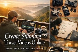Travel videography setup with camera, drone, and editing tools for stunning videos.