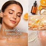 Woman receiving facial treatment with vitamin C serum and skincare ingredients.