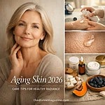 aging skin Woman with healthy glowing skin, skincare products, and natural remedies for aging skin.