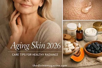 Woman with healthy glowing skin, skincare products, and natural remedies for aging skin.