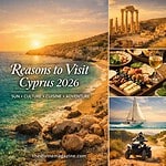 Beautiful sunset over Cyprus coastline with historic ruins and outdoor activities.