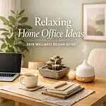 Cozy home office setup with calming decor, a laptop, and natural elements promoting relaxation and p.