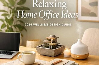 Cozy home office setup with calming decor, a laptop, and natural elements promoting relaxation and p.