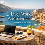 mediterranean living working Scenic view of the Mediterranean coast with workspace setup for remote work.