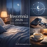 Bedroom scene with moon, clock, and sleep aids for insomnia in 2026.