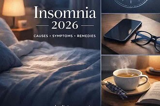 Bedroom scene with moon, clock, and sleep aids for insomnia in 2026.