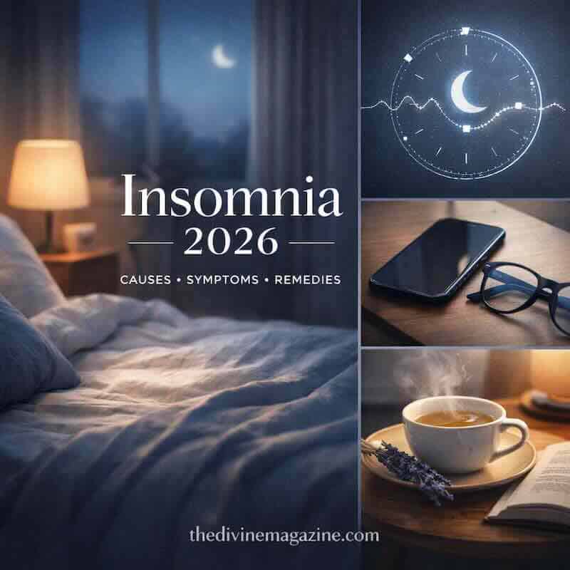 Bedroom scene with moon, clock, and sleep aids for insomnia in 2026.