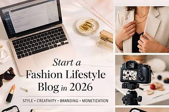 Elegant woman adjusting blazer with camera and laptop for fashion blogging.