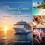 Cruise ship at sunset with tropical island scenery in the background.