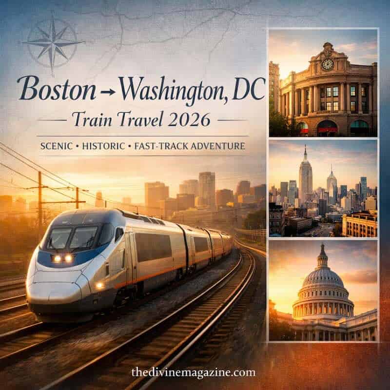 Modern train traveling from Boston to Washington, DC along the Northeast Corridor.
