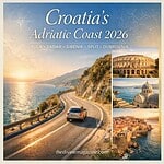 Scenic coastal road along Croatia's Adriatic Sea with a car driving by cliffs.