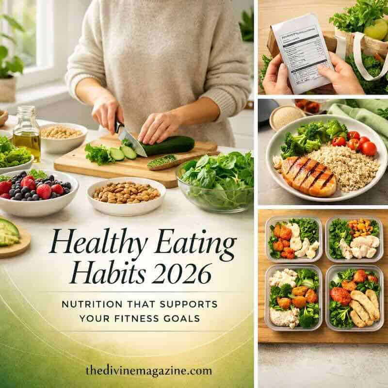 Healthy eating habits for 2026 with nutritious meals and fresh ingredients.