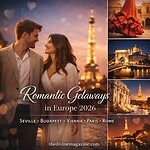 Elegant couple in Paris at sunset, romantic cityscape backdrop.