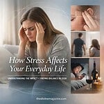 Woman with headache holding her head, stress effects on daily life, anxiety, health issues.