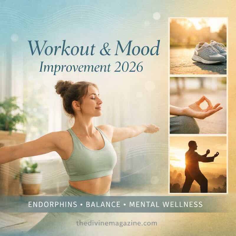 workout mood Woman practicing yoga outdoors for mental wellness and mood improvement.