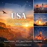 Iconic USA attractions including Grand Canyon, NYC skyline, and space launches for 2026.
