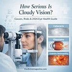 Cloudy Vision Eye examination for cloudy vision with medical equipment and eye health info.