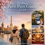 Couple exploring Paris landmarks with Eiffel Tower in background, using metro and visiting theaters.