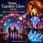 Vibrant family enjoying colorful light installations at Dubai Garden Glow 2026.