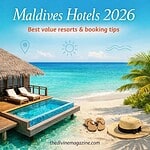 Beautiful Maldives beach with overwater bungalow and lounge chairs.
