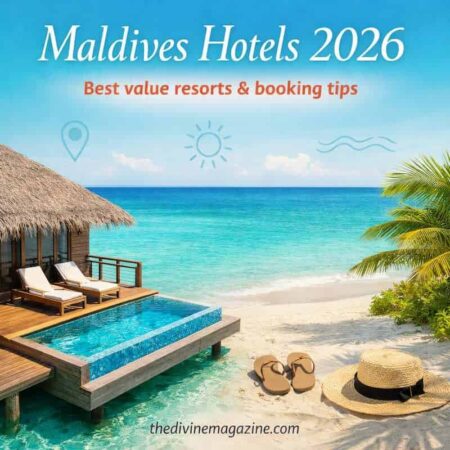 Maldives Hotels 2026 — Best Value Resorts & Booking Tips Beautiful Maldives beach with overwater bungalow and lounge chairs.