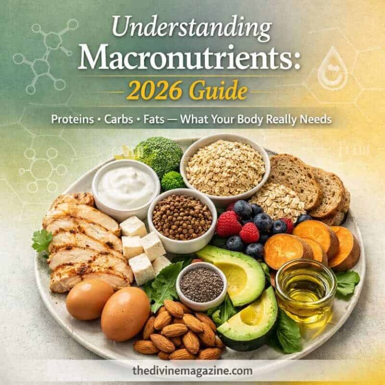 Balanced nutrition infographic highlighting proteins, carbs, and fats for optimal health.