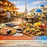 Best Lunch Spots Around the World Vibrant outdoor dining scene featuring sushi, tacos, and fresh fruit with Eiffel Tower backdrop.