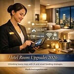 Modern hotel room upgrade with smart technology and scenic views.