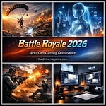 Action-packed battle royale scenes with gaming technology and futuristic elements.