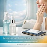 Travel Skincare Skincare products on airplane tray for avoiding airplane skin.