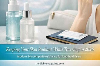 Skincare products on airplane tray for avoiding airplane skin.
