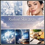 Skincare products and glowing woman for radiant skin tips.