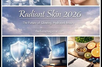 Skincare products and glowing woman for radiant skin tips.