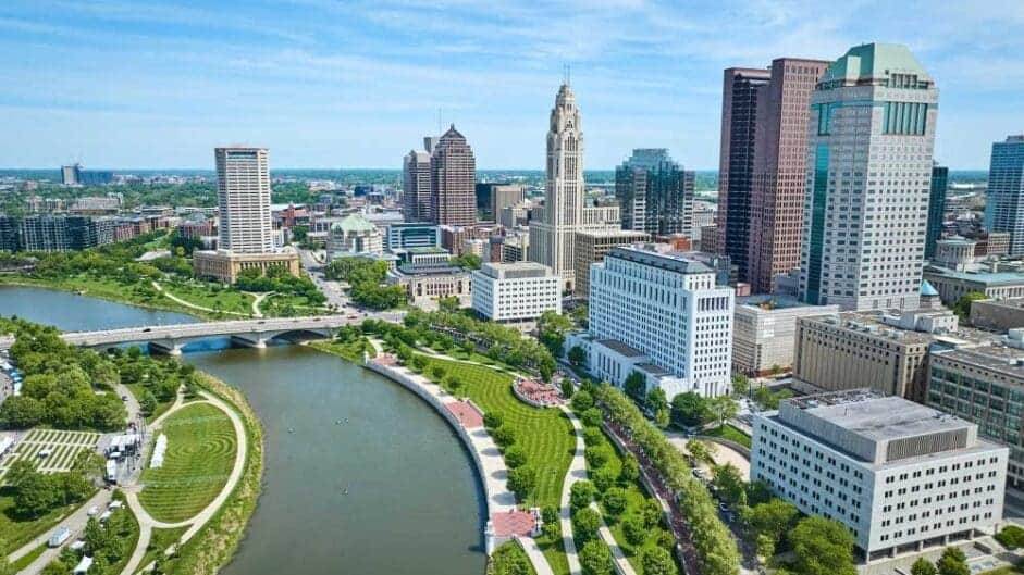 vern riffe state office tower huntington center aerial buildings river columbus ohio