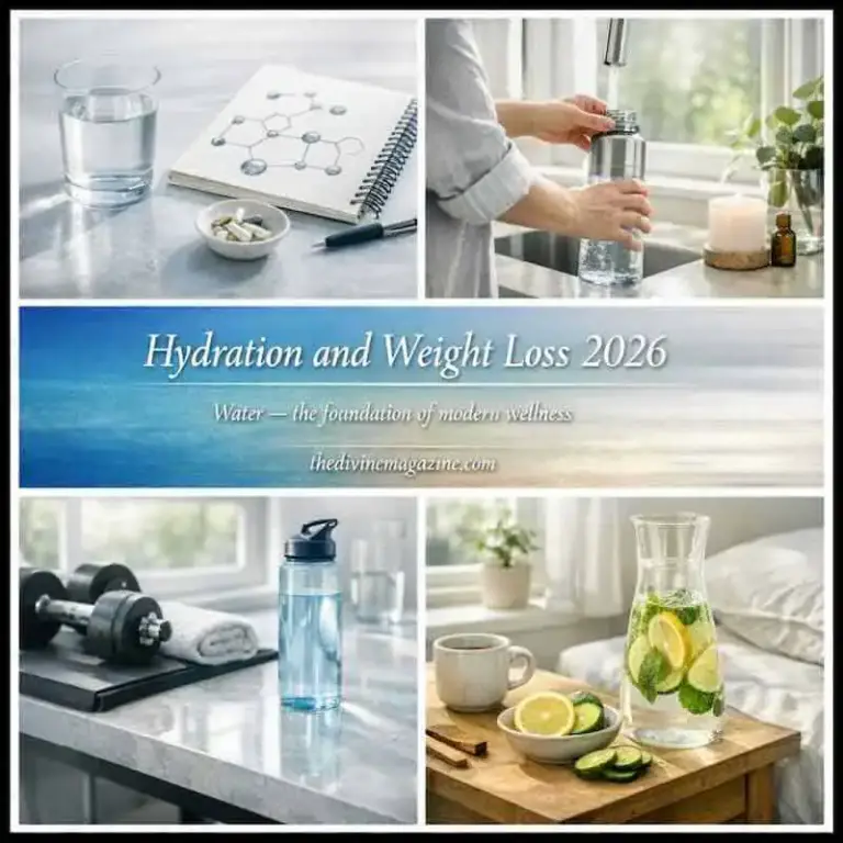 How Proper Hydration Supports Weight Loss Glass of water with lemon and healthy drinks for hydration and weight loss.
