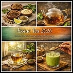 Herbal Essiac tea in bowls and a teapot, promoting natural health benefits.