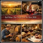 Elegant red wine being poured into a glass at sunset vineyard.